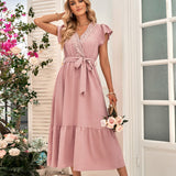 Namcoverse New Women's Dress Solid Color Belt V-Neck Sweet Elegant Maxi Dress