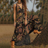 Namcoverse Vintage Graphic Print Sexy V Neck Loose Boho Maxi Dress