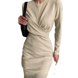 Namcoverse Casual Solid Color O Neck Party Elegant Long Sleeve Pleated Fashion Slit Body Maxi Dress