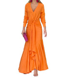 Namcoverse Elegant Solid Color V Neck Ruffle Waist Long Sleeve Maxi Dress