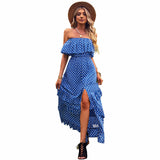 Namcoverse Casual One Shoulder Polka Dot Vintage Split Sexy Long Boho Dress