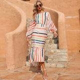 Namcoverse Lantern Sleeve O Neck Rainbow Print Striped Ruffles Midi Dresses