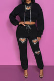 namcoverse Rhinestone Hollow-Out Heart Design Casual Hooded Pant Suit