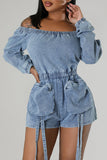 namcoverse Solid Color Washed Denim Cozy Pocket Romper