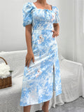 Namcoverse Holiday Summer Printed A-Line Design Square Neck Puff Sleeve High Waist Fashion Maxi Dress