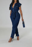 namcoverse Solid Color On-trend Strappy Belted Denim Jumpsuit