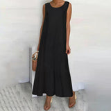 Namcoverse Fashion Loose Retro Solid Color Sleeveless O Neck Pleated Tank Maxi Dress