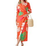 Namcoverse Summer Fashion Print Lapel Tie Party Pleated Maxi Dress