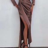 Namcoverse Long Sleeve Slit Hem Skinny O Neck Solid Color Party Maxi Dress