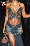 namcoverse Zig Zag Butterfly Beading Rocking Lace-Up Denim Vest