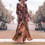 Namcoverse Fashionable Elegant Bohemian Floral V Neck Ruffle Beach Maxi Dress