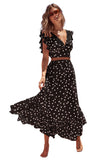 Namcoverse V-neck Ruffles Sleeves Dot Print 2 Pieces Set Elastic Long Skirts