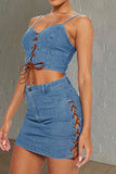 namcoverse Solid Color Smart Strappy Denim Skirt Suit