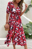 Namcoverse Print Ruffle Retro Elegant V Neck Button Tie Party Maxi Dress