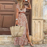 Namcoverse Boho Floral Print V Neck Short Sleeve Maxi Party Dress