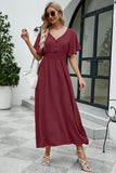 Namcoverse Elegant V-Neck Short Flare Sleeves Elastic High Waist Maxi Dress