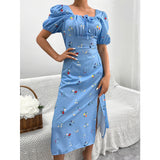 Namcoverse Holiday Summer Printed A-Line Design Square Neck Puff Sleeve High Waist Fashion Maxi Dress