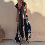 Namcoverse Summer Casual Party Loungewear Print Vintage Deep V Neck Maxi Dress