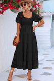 Namcoverse Elegant Square Neck Solid Short Puff Sleeve Maxi Dress