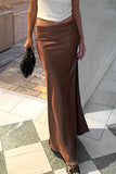 namcoverse Brown Satin Low-Rise Slit Midi Skirt