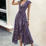 Namcoverse Women Fashion Elegant Bohemian V Neck Slim Fit Swing Print Maxi Dress