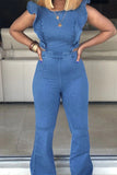 namcoverse Solid Color Sweet Ruffle Shoulder Denim Jumpsuit