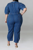 namcoverse Solid Color Casual Zipper Denim Jumpsuit With Belt