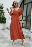 Namcoverse Elegant V-Neck Short Flare Sleeves Elastic High Waist Maxi Dress