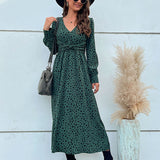 Namcoverse Elegant V-neck Long Sleeve Leopard Print Maxi Dress