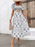 Namcoverse Summer Fashion Print Square Neck High Waist Slit Casual Maxi Dress