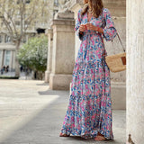 Namcoverse Elegant Bohemian Print V-Neck Long Sleeve Tie Fashion Maxi Dress