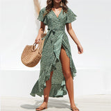 Namcoverse Trendy Floral Print Bohemian Ruffle Casual V Neck Sexy Party Midi Dress
