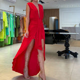 Namcoverse Sexy Sleeveless V Neck Clipped Ruffle Office Party Elegant Solid Color A-Line Maxi Dress