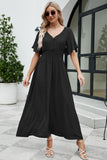 Namcoverse Elegant V-Neck Short Flare Sleeves Elastic High Waist Maxi Dress