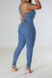 namcoverse Solid Color Smart Strappy Denim Jumpsuit