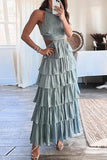 Namcoverse Sexy High Waist Sleeveless Bohemian Hollow Ruffle Cake Halter Neck Maxi Dress