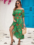 Namcoverse Summer Fashion Print Off Shoulder A-Line Holiday Beach Party Maxi Dress