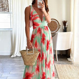 Namcoverse Fashion Sexy Deep V Backless Printed Party Pleated Maxi Dress