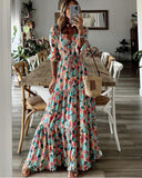 Namcoverse Elegant Bohemian Print V-Neck Long Sleeve Tie Fashion Maxi Dress