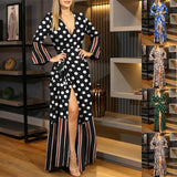 Namcoverse Fashion Long Sleeve Tie V Neck Print Sexy Party Maxi Dresses