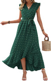 Namcoverse Fashion V Neck Polka Dot Ruffle Sleeves Bohemian Beach Maxi Dress