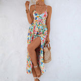 Namcoverse Women's Beach Vintage Print V Neck Backless Bohemian A-Line Maxi Dress