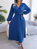 Namcoverse Elegant Spring Pleated Long Sleeve V Neck Maxi Dress