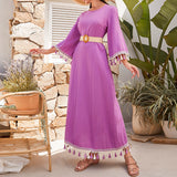 Namcoverse Fashion Elegant Ethnic Tassel Long Sleeve Loose Holiday Maxi Dress