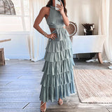 Namcoverse Sexy High Waist Sleeveless Bohemian Hollow Ruffle Cake Halter Neck Maxi Dress