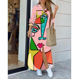 Namcoverse Women's Fashion Single Breasted Lapel Printed Bohemian Shirt Maxi Dress