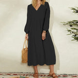 Namcoverse Women's Fashion Solid Color Casual Party Cotton Long Sleeve Maxi Dress