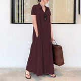 Namcoverse Summer Casual Fashion Ladies Cotton Linen Solid Color Lapel Pocket Simple Shirt Maxi Dress