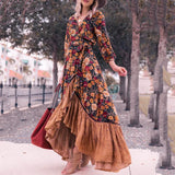 Namcoverse Fashionable Elegant Bohemian Floral V Neck Ruffle Beach Maxi Dress