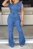 namcoverse Solid Color Sweet Ruffle Shoulder Denim Jumpsuit